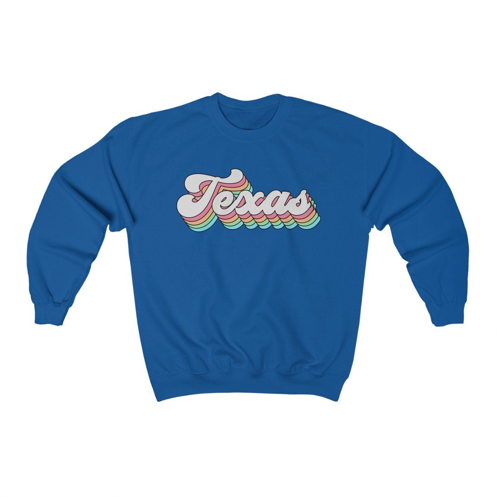 Texas Pastel Rainbow Crewneck Sweatshirt | Gildan 18000 Unisex Heavy Blend Crewneck Sweatshirt w/ Fleece Inside, custom state letters words