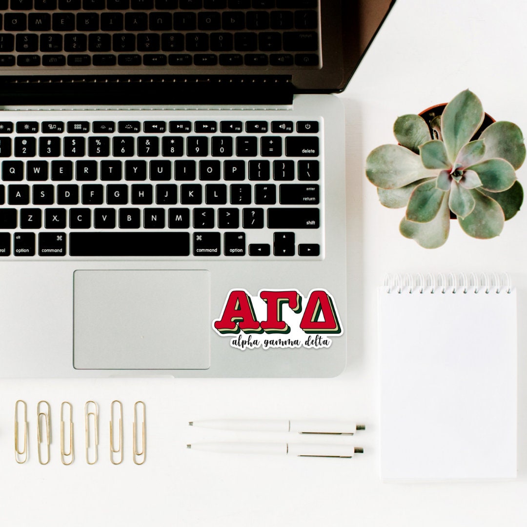 Alpha Gamma Delta Red, Buff and Green Letters Sticker  | 4" Wide, big little reveal, bid day basket, car sticker, laptop sticker, greek life