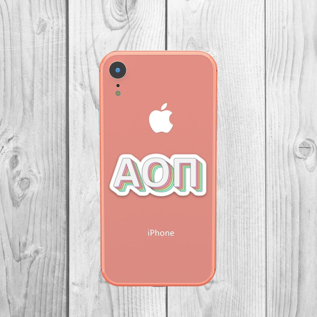 Alpha Omicron Pi Sorority Pastel Rainbow Sticker | 2.25" Wide for iPhone, Android, Laptop, or any small space!