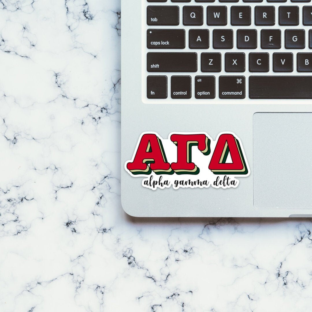 Alpha Gamma Delta Red, Buff and Green Letters Sticker  | 4" Wide, big little reveal, bid day basket, car sticker, laptop sticker, greek life
