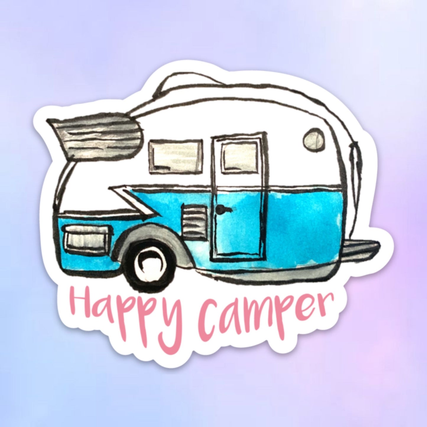 Watercolor Happy Camper Teardrop Trailer Sticker, happy camper decal, camping sticker, camper sticker, RV sticker, for laptop, car