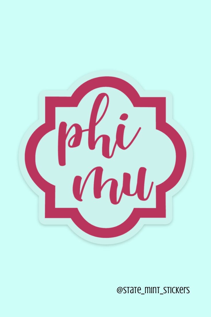 Phi Mu Letters Pink Quatrefoil Sorority Sticker / Decal | 3.5" Tall | Clear Background