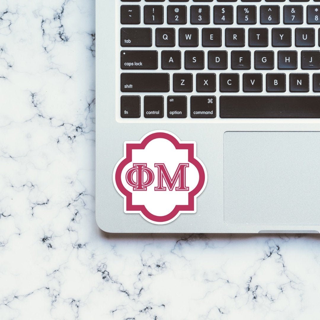 Phi Mu Letters Pink Quatrefoil Sorority Sticker / Decal | 3.5" Tall