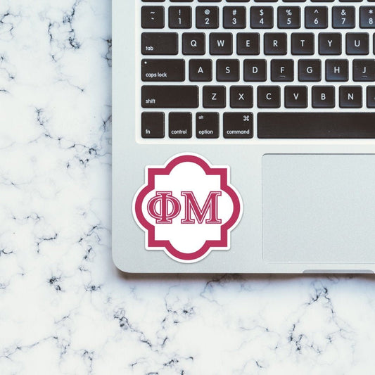 Phi Mu Letters Pink Quatrefoil Sorority Sticker / Decal | 3.5" Tall