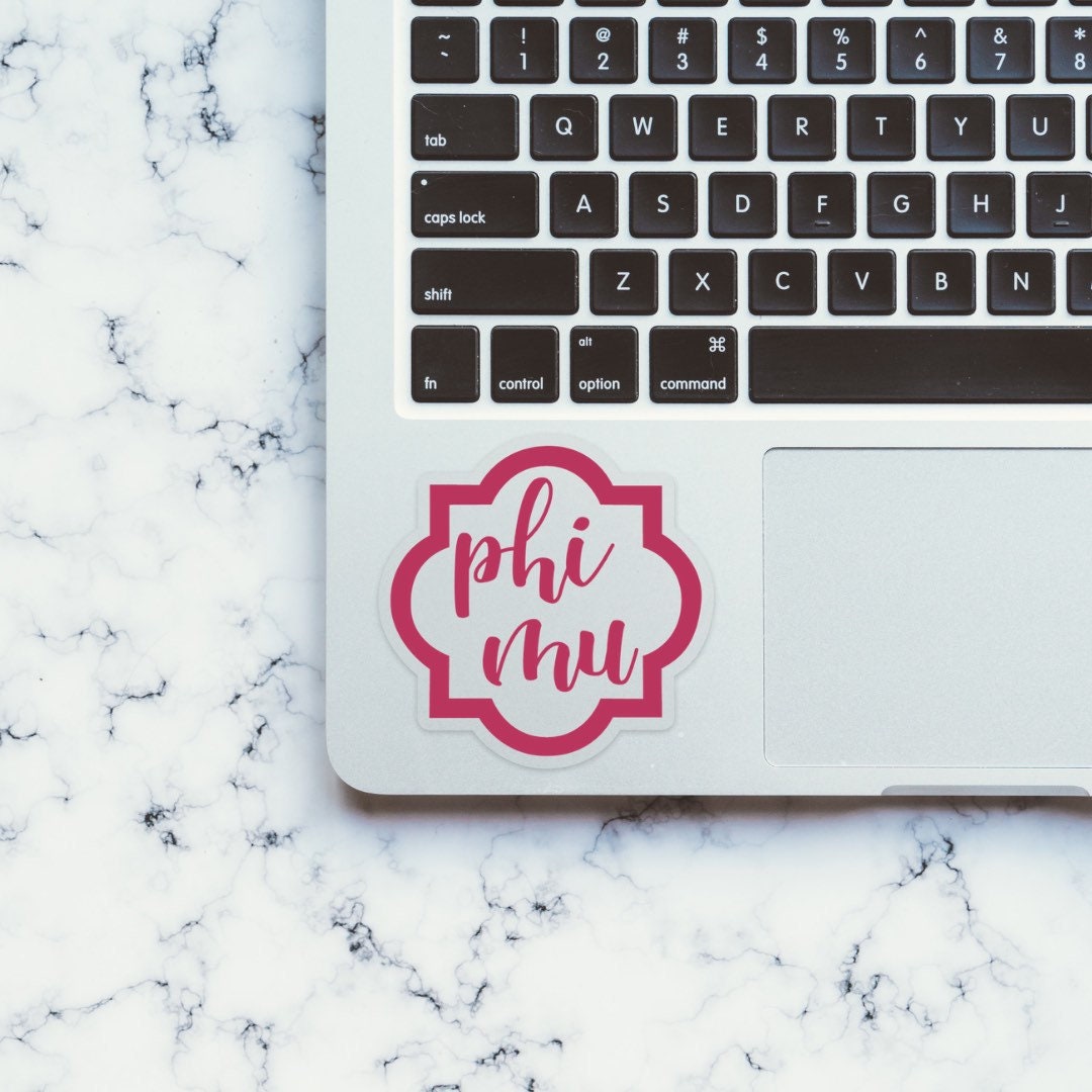 Phi Mu Letters Pink Quatrefoil Sorority Sticker / Decal | 3.5" Tall | Clear Background