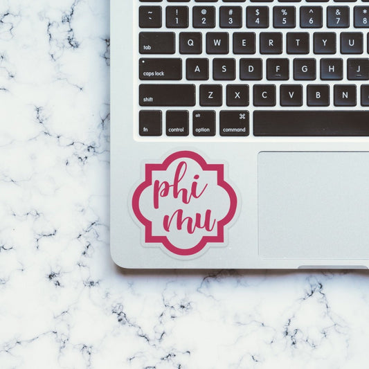 Phi Mu Letters Pink Quatrefoil Sorority Sticker / Decal | 3.5" Tall | Clear Background