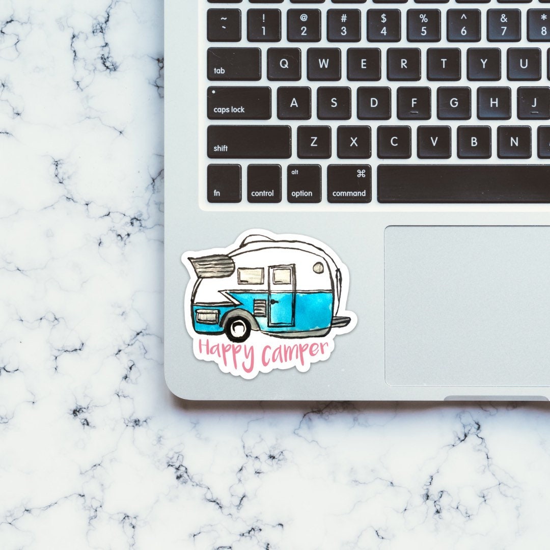 Watercolor Happy Camper Teardrop Trailer Sticker, happy camper decal, camping sticker, camper sticker, RV sticker, for laptop, car