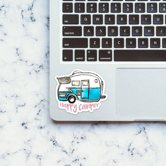 Watercolor Happy Camper Teardrop Trailer Sticker, happy camper decal, camping sticker, camper sticker, RV sticker, for laptop, car
