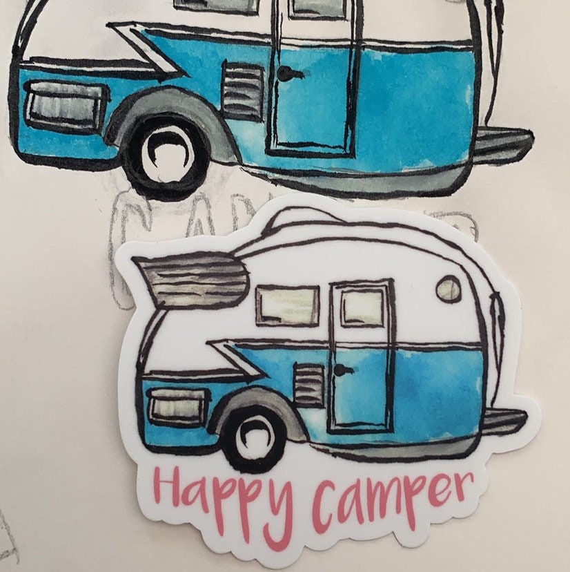 Watercolor Happy Camper Teardrop Trailer Sticker, happy camper decal, camping sticker, camper sticker, RV sticker, for laptop, car