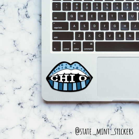 Chi Omega Sorority Blue Stars and Lips Sticker / Decal for Laptop, Car, Water Bottle, Yeti, waterproof, dishwasher safe, outdoor vinyl