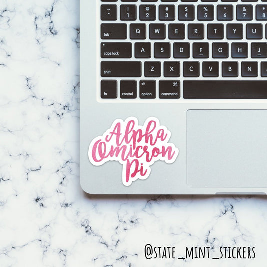 Alpha Omicron Pi Sorority Sticker | Pink Watercolor | Perfect for use on car, laptop, waterbottle, cooler, cup, mug, planner
