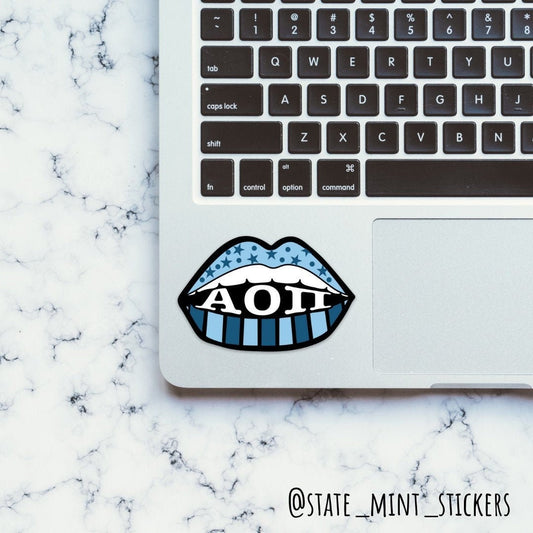 Alpha Omicron Pi Sorority Sticker | Blue Stars and Lips | 3.5" | Vinyl Decal for Car, Laptop, Yeti, Cooler, Water Bottle, Cup, Mug, Planner