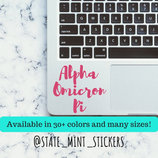 Alpha Omicron Pi Sorority Vinyl Transfer Decal / Sticker | Waterproof for Car, Laptop, Water Bottle, Cooler
