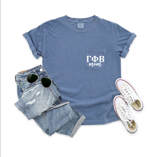 Gamma Phi Beta Sorority | Comfort Colors Short Sleeve Pocket Tee | Sorority Mom, House Mom, Mother's Day Gift, parents weekend, grandma