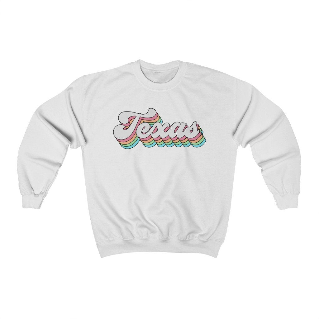 Texas Pastel Rainbow Crewneck Sweatshirt | Gildan 18000 Unisex Heavy Blend Crewneck Sweatshirt w/ Fleece Inside, custom state letters words