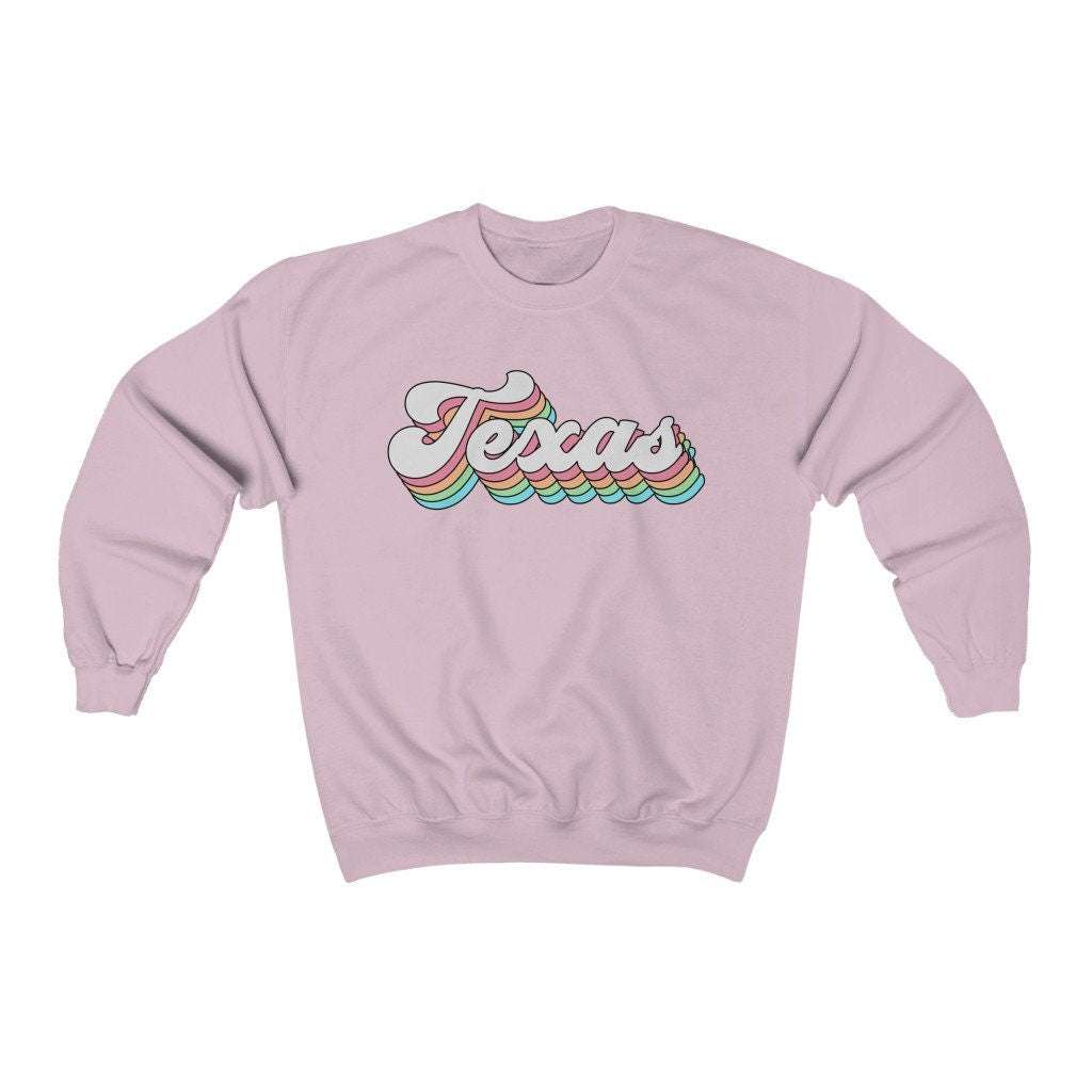 Texas Pastel Rainbow Crewneck Sweatshirt | Gildan 18000 Unisex Heavy Blend Crewneck Sweatshirt w/ Fleece Inside, custom state letters words