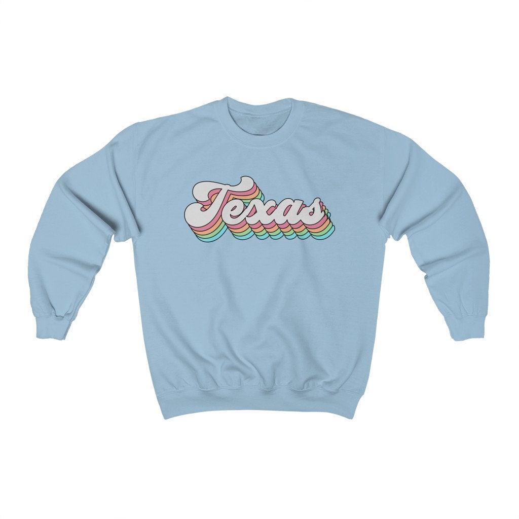 Texas Pastel Rainbow Crewneck Sweatshirt | Gildan 18000 Unisex Heavy Blend Crewneck Sweatshirt w/ Fleece Inside, custom state letters words
