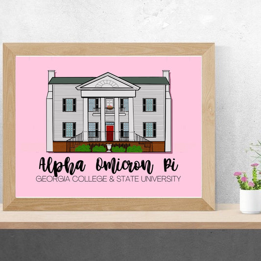 Alpha Omicron Pi - GCSU - Georgia College & State University Sorority House Digital Illustration | 4x6 Print | 8x10 Print | Digital Portrait