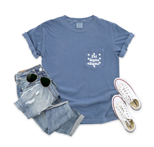 Phi Sigma Sigma Sorority Groovy Stars | Comfort Colors Short Sleeve Pocket T-shirt, tshirt, big little gift, bid day basket, sisterhood