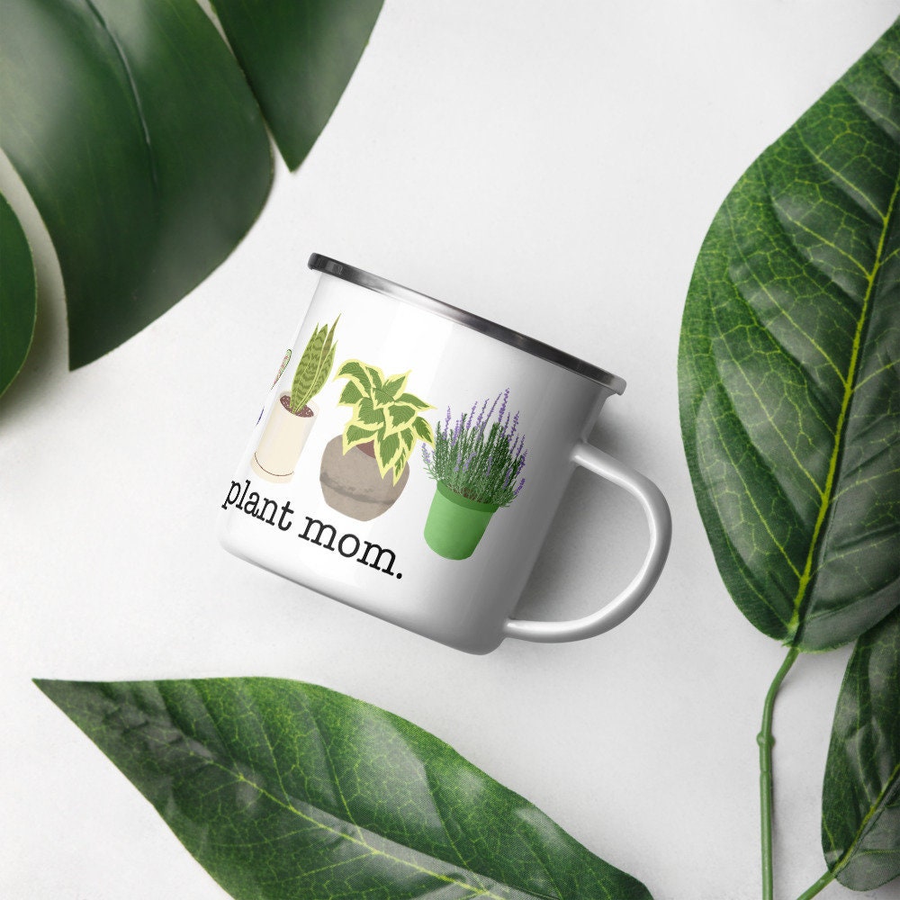 Plant Mom Houseplant Enamel Mug, plant lover gift, houseplant gift, housewarming, plant cup, houseplant gift, plant themed gift, caladium