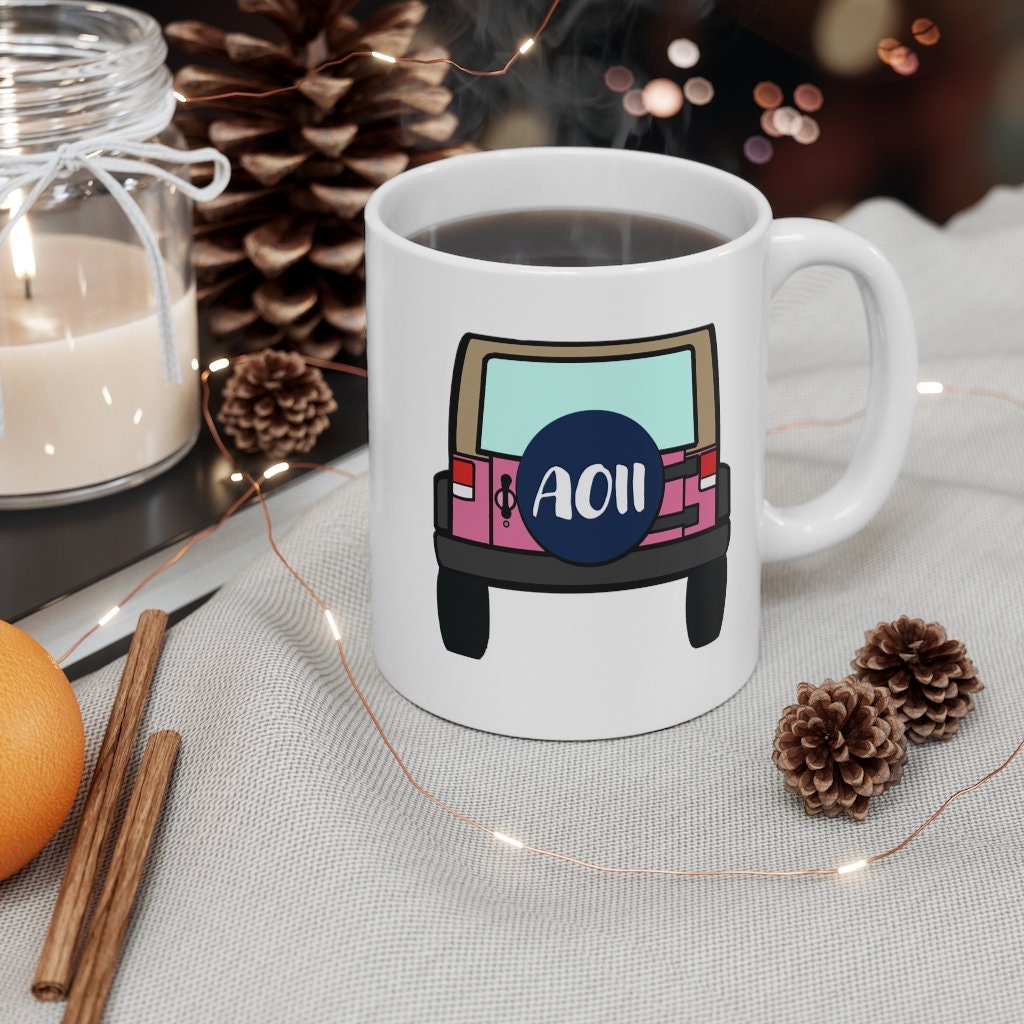 Alpha Omicron Pi Sorority Jeep Coffee Mug 11oz  | Perfect Big Little Bid Day New Member Gift