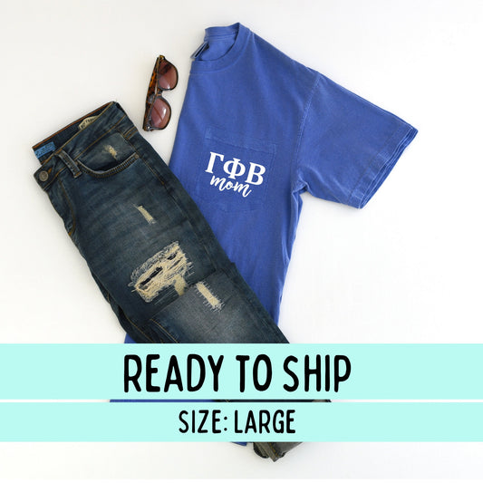 READY TO SHIP Gamma Phi Beta Sorority Greek Letters Mom Comfort Colors Tee - Flo Blue - Size Large