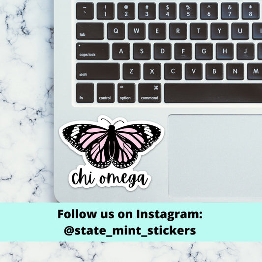 Chi Omega Sorority Butterfly Themed Sticker | 3.5” laptop sticker, car decal, big little basket, bid day bulk order, pink sticker, sorority