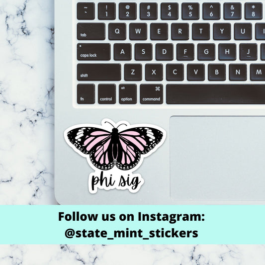 Phi Sigma Sigma Sorority Pink Butterfly Theme Sticker  | 3.5”Wide | For Car, Laptop, Phone, Indoor, Outdoor, Window, Cooler, Dishwasher Safe