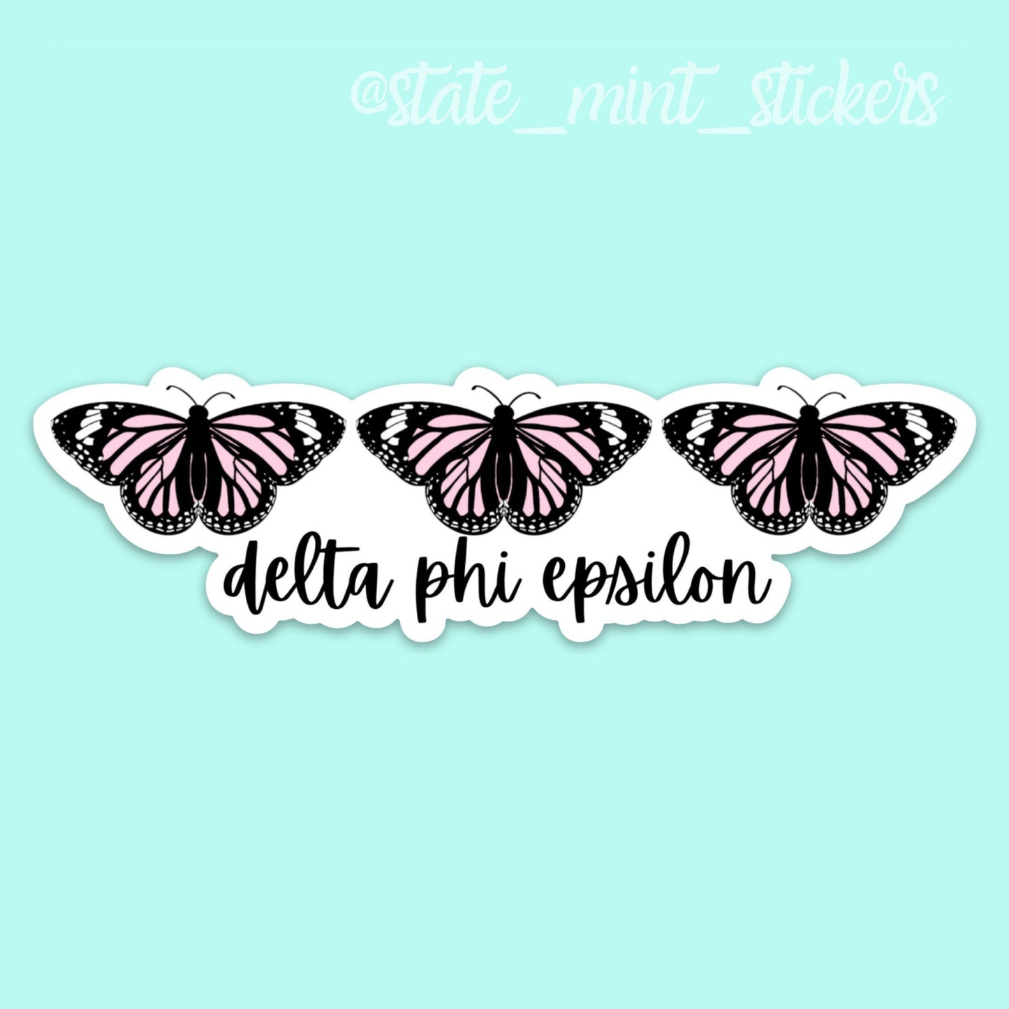 Delta Phi Epsilon Pink Butterfly Themed Sticker  | 3.5” Wide  / Decal |  for Car, Laptop, Mug, Cup, Cooler, Planner, big little, bid day