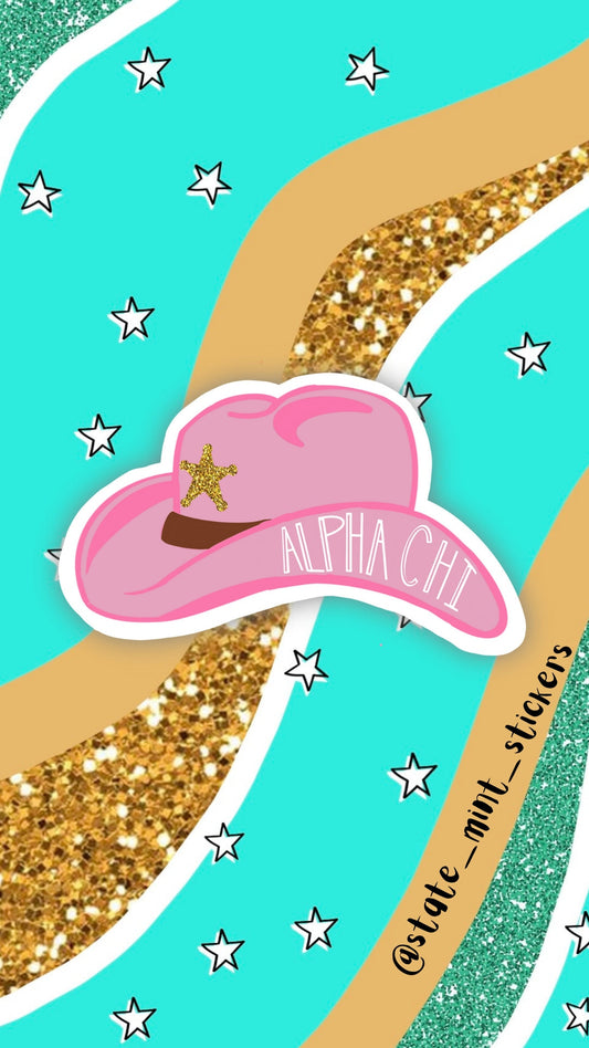 Alpha Chi Omega Pink Cowgirl Hat / Cowboy Hat Sticker / Decal | use on car, laptop, water bottle, dishwasher safe, big little reveal gift