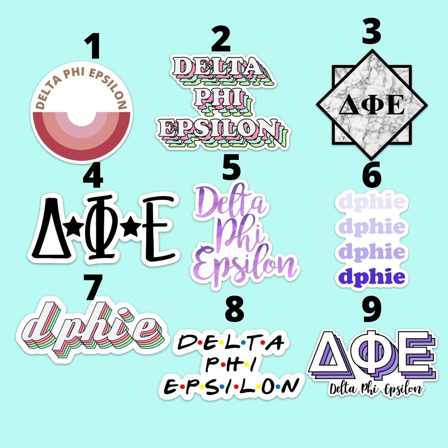 Delta Phi Epsilon Sorority Sticker Pack | perfect for bid day, big little, custom order, dphie laptop sticker, dphie car decal, sticker pack