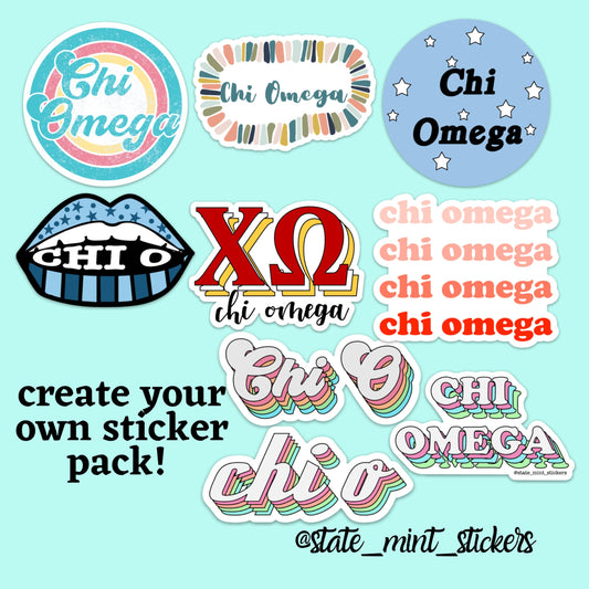 Chi Omega Chi O XO ChiO Sorority Sticker Pack | Perfect Big / Little Gift, create your own sticker pack, laptop stickers, car decals