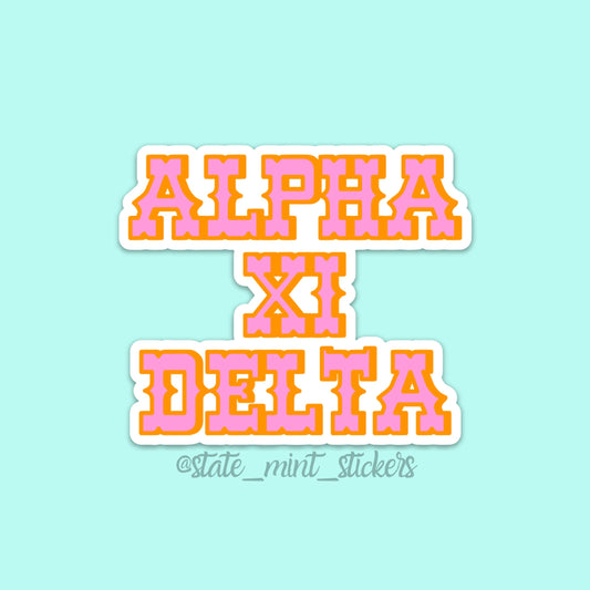 Alpha Xi Delta Sorority Cowgirl Themed Pink and Orange Sticker / Decal | 3.5" Wide | bid day sticker, big little sticker, big little basket