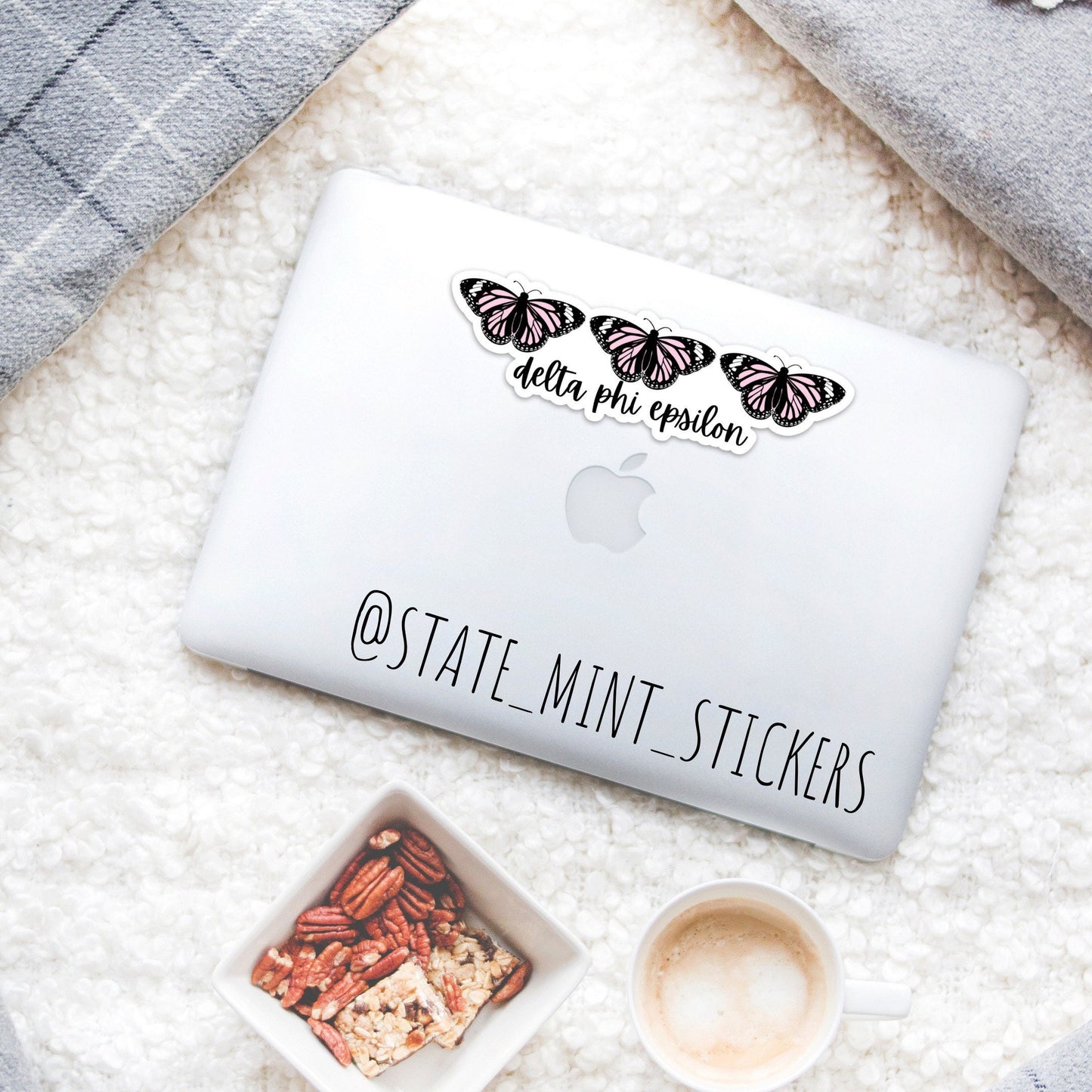 Delta Phi Epsilon Pink Butterfly Themed Sticker  | 3.5” Wide  / Decal |  for Car, Laptop, Mug, Cup, Cooler, Planner, big little, bid day