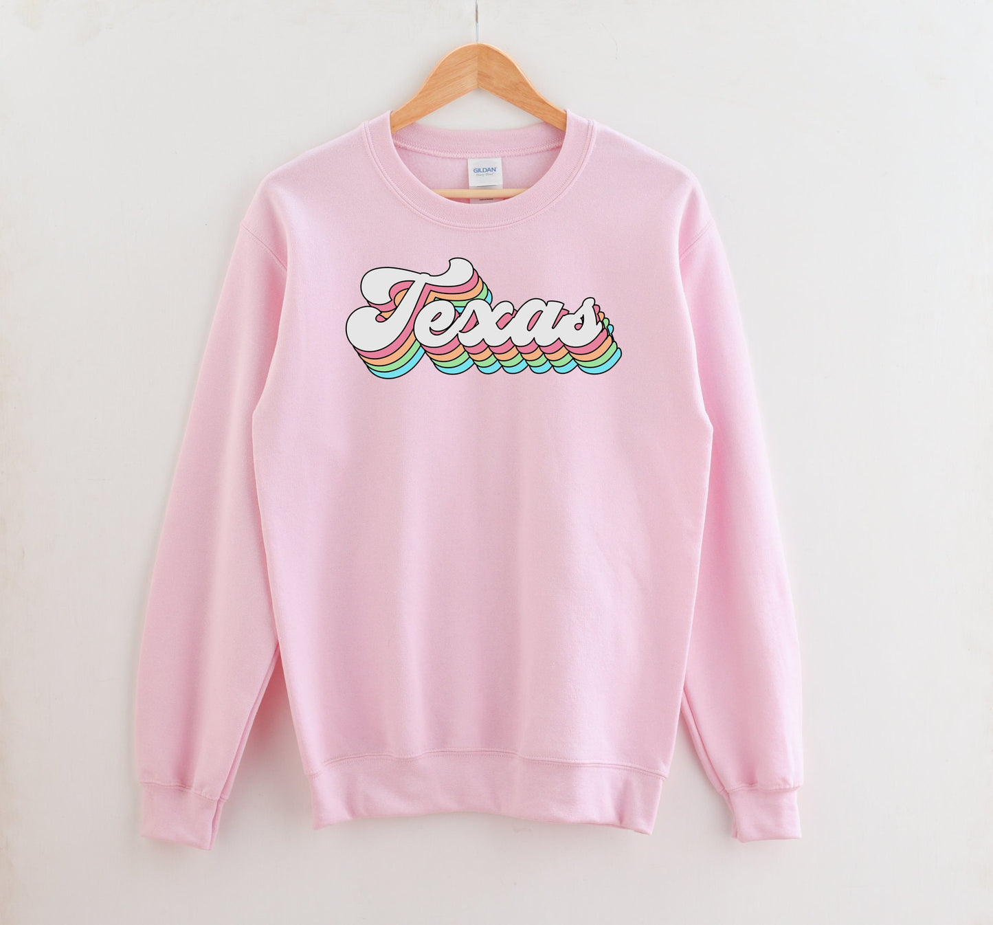Texas Pastel Rainbow Crewneck Sweatshirt | Gildan 18000 Unisex Heavy Blend Crewneck Sweatshirt w/ Fleece Inside, custom state letters words