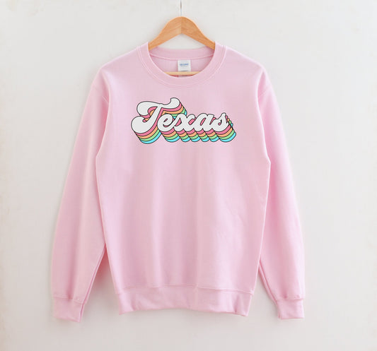 Texas Pastel Rainbow Crewneck Sweatshirt | Gildan 18000 Unisex Heavy Blend Crewneck Sweatshirt w/ Fleece Inside, custom state letters words