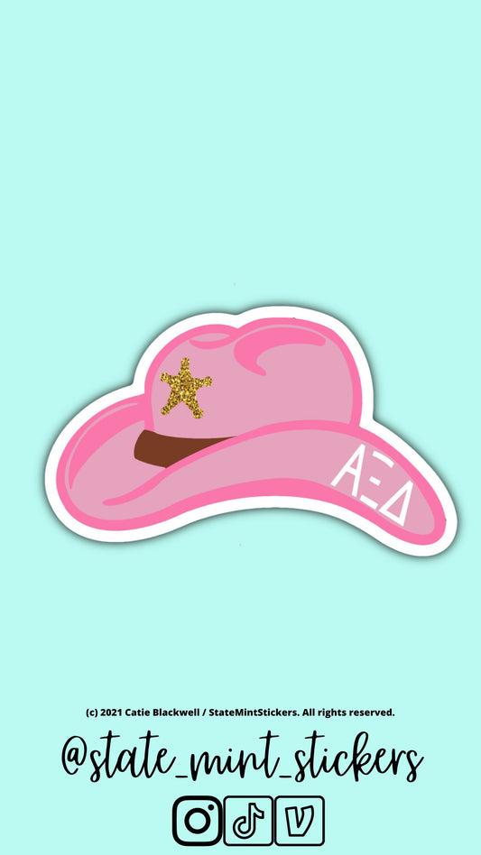 Alpha Xi Delta Sorority Cowgirl Themed Pink and Orange Sticker / Decal | 3.5" Wide | bid day sticker, big little sticker, big little basket