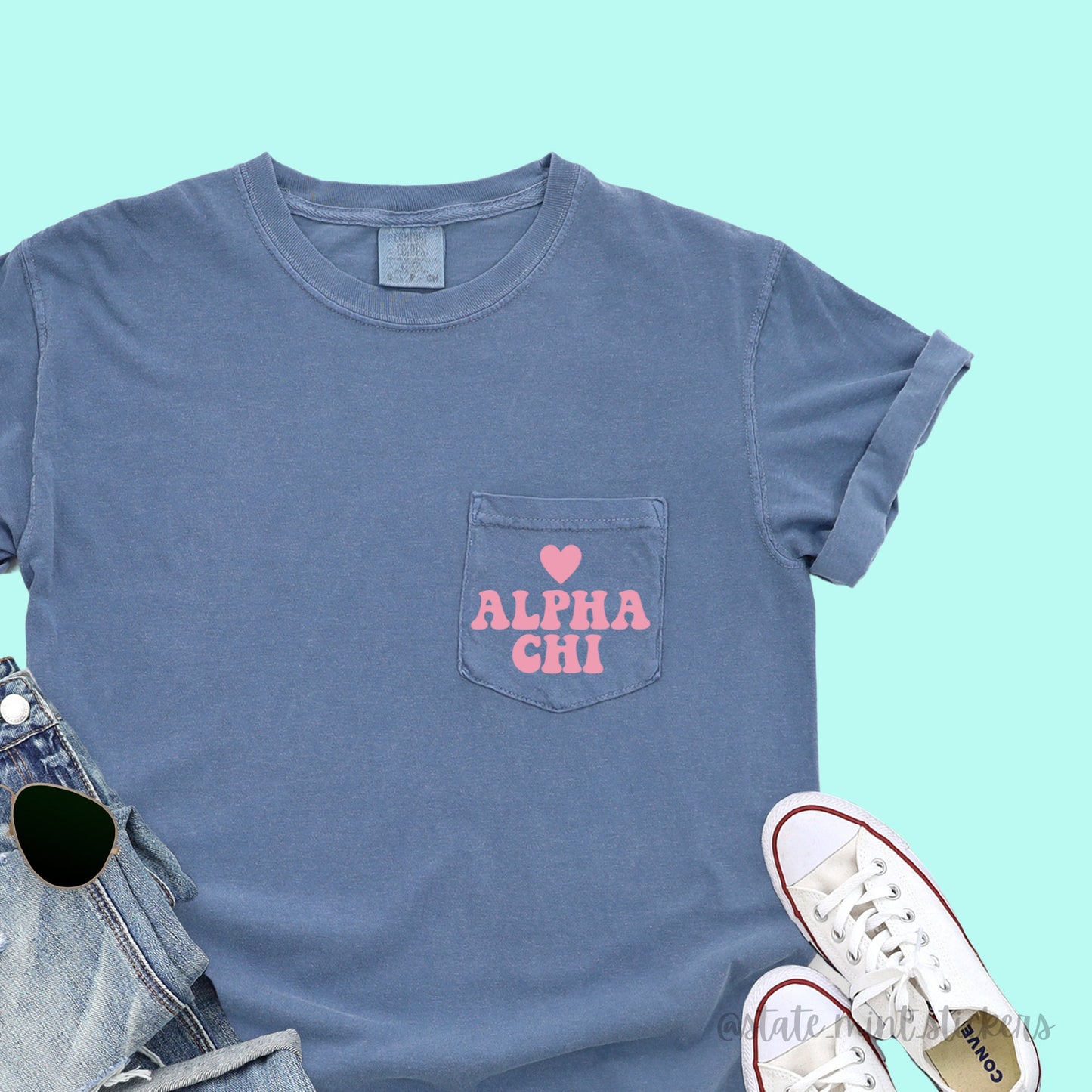 Love, Alpha Chi | Alpha Chi Omega Shirt | Comfort Colors Short Sleeve Pocket Tee