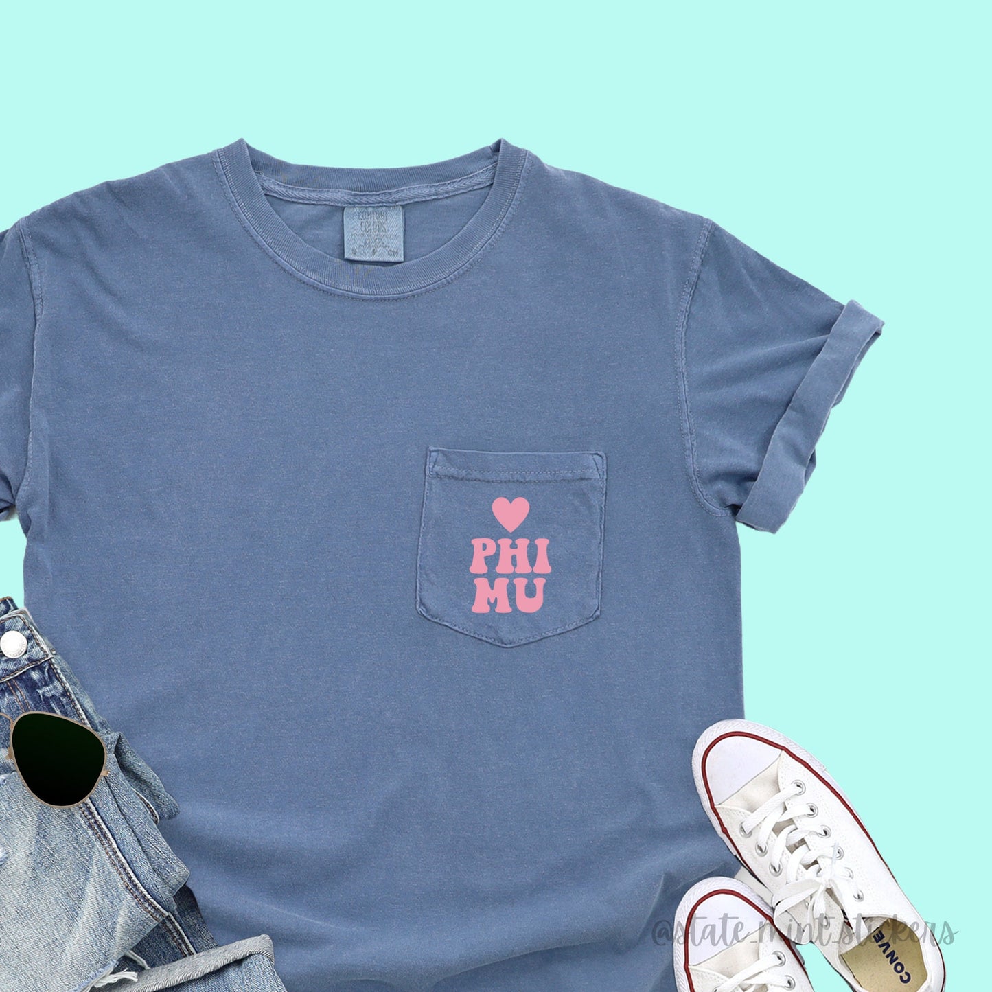 Love, Phi Mu | Phi Mu Shirt | Comfort Colors Short Sleeve Pocket Tee