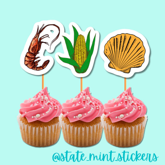 Set of 6 Cupcake Toppers | Lowcountry Boil | Shrimp Boil | Crawfish Boil