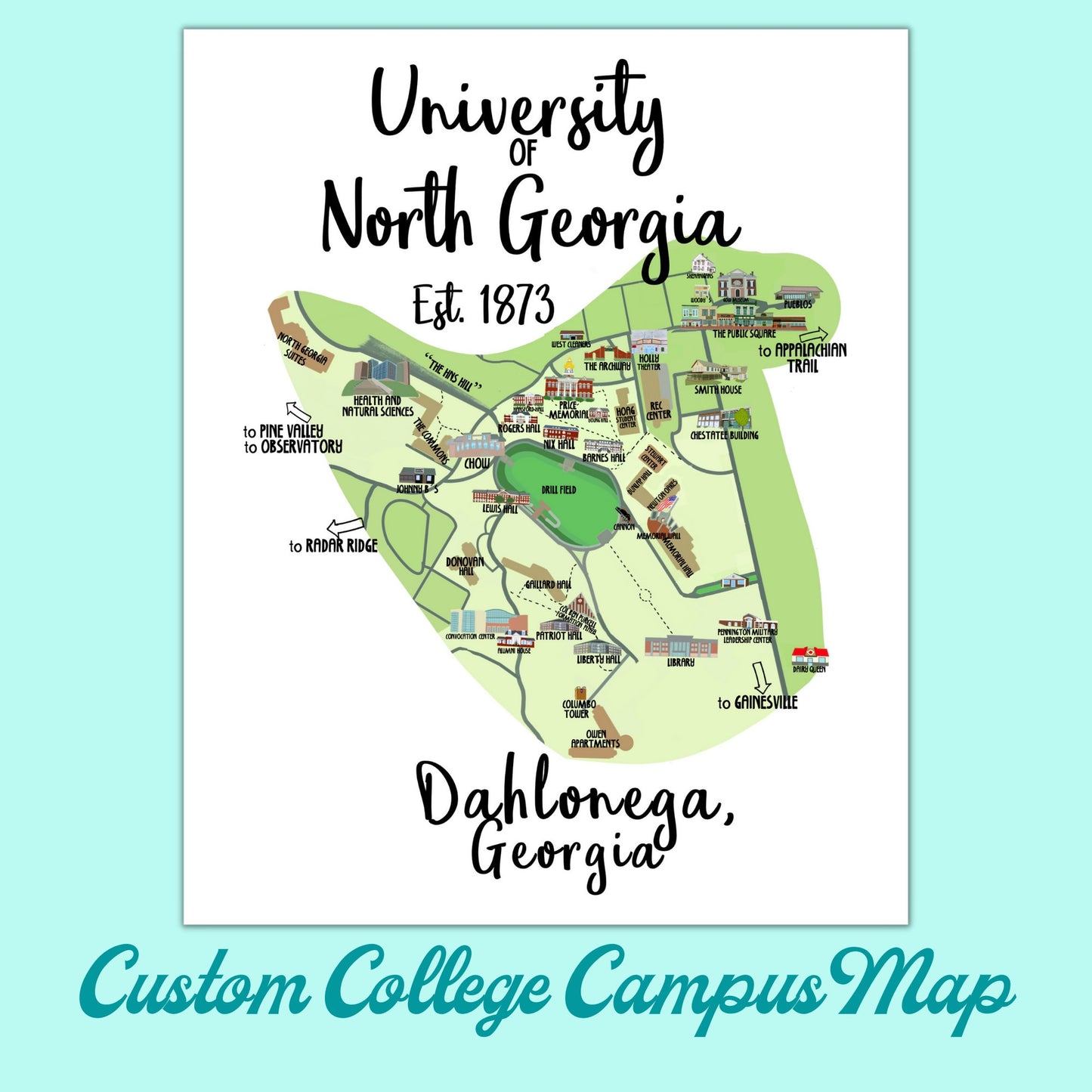 Custom College Map / Print / Canvas / Download /  Custom Portrait / Custom College Town